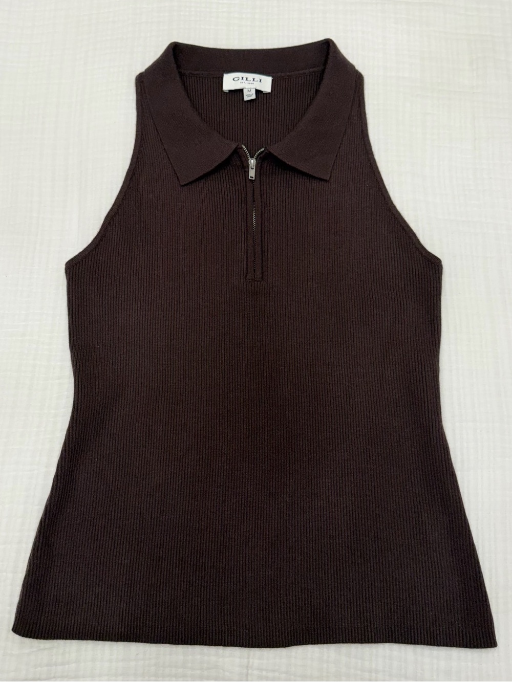 Gilli Dark Brown Ribbed Zip-Collar Tank